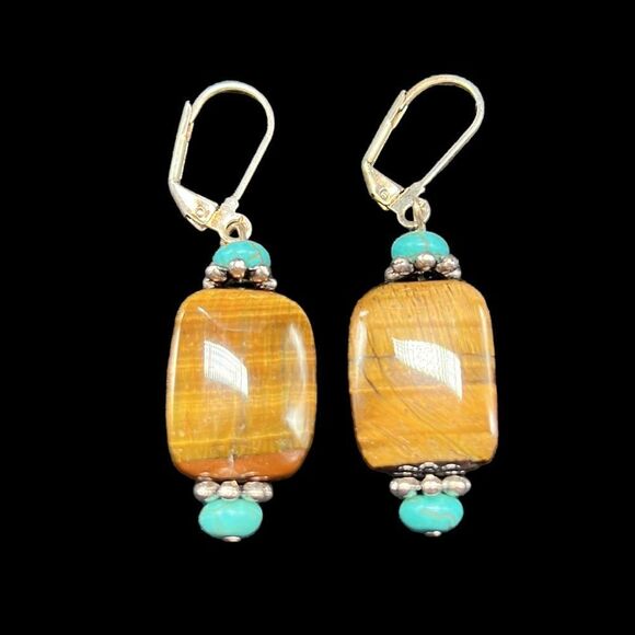 Tigers Eye Turquoise Necklace Dangle Earrings Set Silver Tone Base Metal - Picture 3 of 9